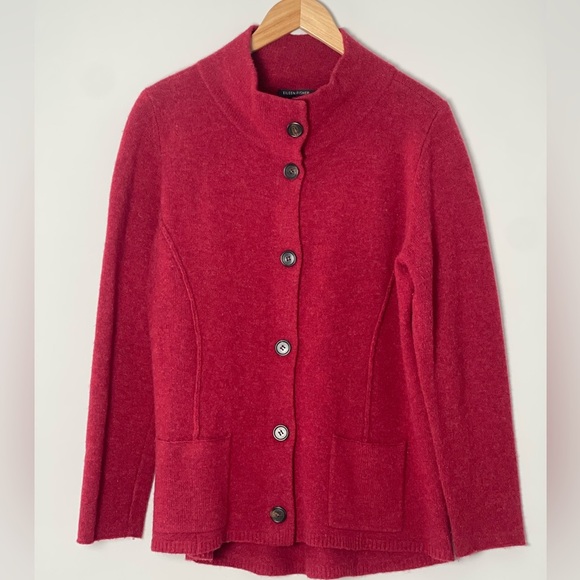 Eileen Fisher | Wool Funnel Neck Crimson Red Shepard Jacket Sz Med - Picture 1 of 5